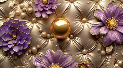 3D Wallpaper mural Design with Floral and Geometric Objects gold ball and pearls, gold jewelry wallpaper purple flowers . leather background. will visually expand the space in a small room, bring more