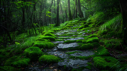 The path between trees in the forest in autumn