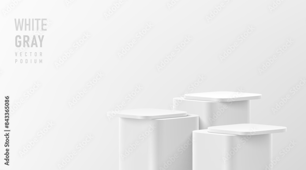 Poster realistic 3d round corner cube stand podium set in white, gray color scene. vector abstract geometri
