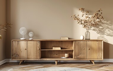 Beige wall mockup in a modern living room interior with a wooden cabinet and shelf, 3D rendering, in the style of +!+!