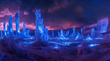 A colorful space scene with a large rock formation in the foreground