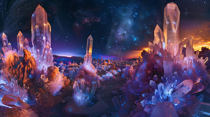 A colorful space scene with a large rock formation in the foreground