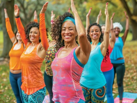 Diverse Group of Women Enjoying Outdoor Yoga in a Sunny Park, Celebrating National Scoliosis Awareness Month