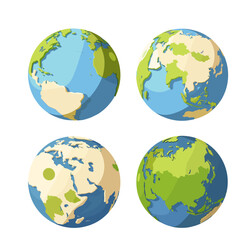 four cartoon style earths in different positions, vector graphics, flat design, white background, blue and green colors, vector graphics