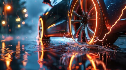 Energetic Electric Car: A Closeup of a Tire with Lightning Bolts Illuminating the Wet Street, Capturing the Dynamic Action and Eco-Friendly Technology of Urban Transportation hyper realistic 