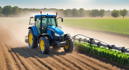 Obraz premium An irrigation tractor driving spraying or harvesting an agricultural crop banner design for agriculture industry and food supply production concepts, from wide far perspective with copy space 