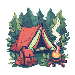 A red tent and backpack on the ground, surrounded by rocks and grasses with small bushes