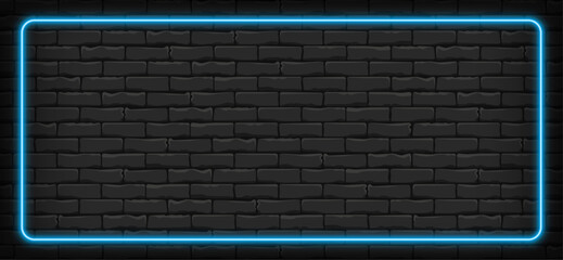 Horizontal background for smartphone. Blue neon frame on brick wall background
