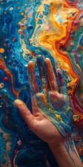 Close-Up Shot of a Hand Holding a Vibrant Abstract Art Piece Against a Blue Background, Highlighting Detail and Texture