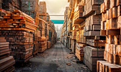 Obraz premium Garden full of piles of wood and selling wood in the lumber industry
