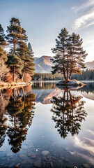 the reflections of trees and mountains in a calm lake at dawn