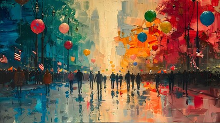 Expressionism in 32K HD: A dynamic portrayal of a 4th of July parade with flags and balloons, using bold colors and energetic strokes to vividly express the celebration's excitement.