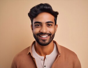 Fototapeta premium Headshot portrait of smiling young Indian man isolated on studio background