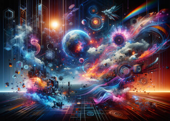 2D and 3D elements with motion, special effects, and illustrations. The visuals are modern and futuristic, inspired by the multiverse, gaming, VR, and AR. The scene is filled with vibrant colors and d