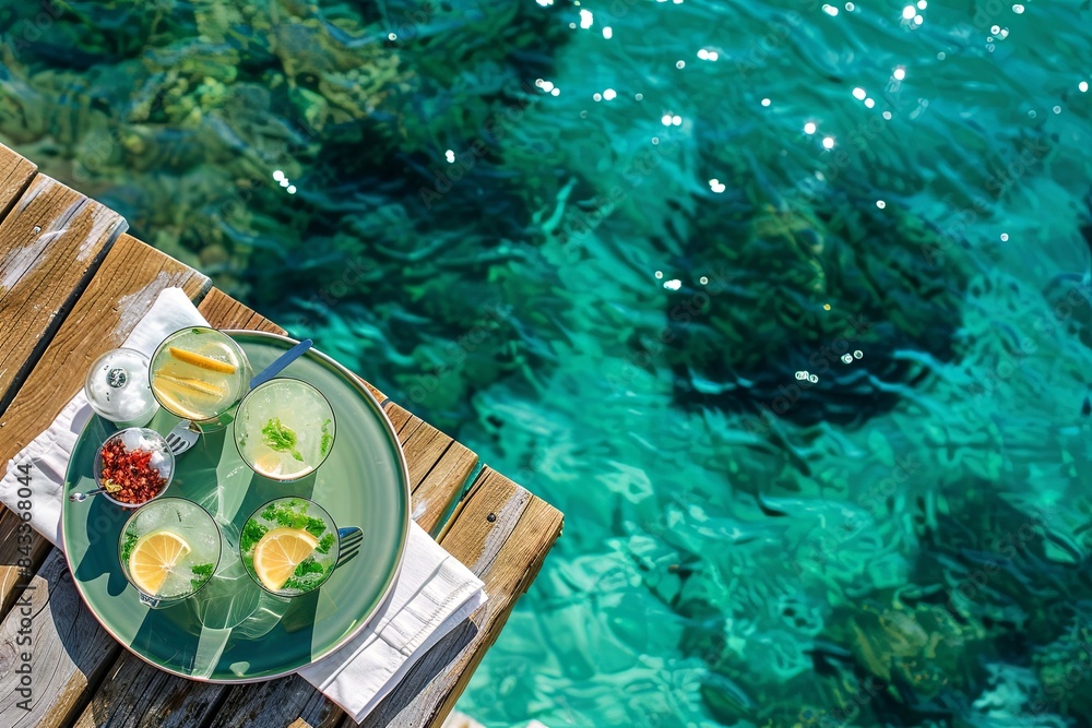 Sticker plate with margarita cocktails and a white fabric napkin on a platter, on a wooden pier, with crystal clear turquoise waters