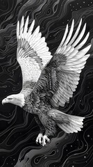 Ultra HD continuous line art featuring a majestic eagle soaring high, with the USA flag in the background, blending minimalist design with powerful patriotic imagery for a striking visual experience.