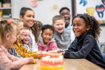 Obraz premium Cheerful Multicultural Children Learn About Dental Care from Dentist in Classroom During Oral Health Month