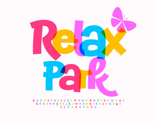 Vector colorful flyer Relax Park. Bright handwritten Font. Playful Alphabet Letters and Numbers set.
