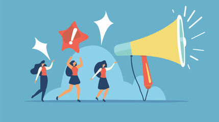 People announce advertising with megaphone vector illustration. Awareness focus loud speaker man and woman. Business banner marketing group media. Speech news promotion network leadership poster