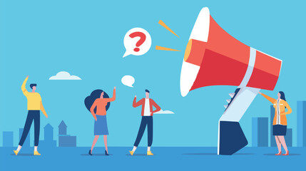 People announce advertising with megaphone vector illustration. Awareness focus loud speaker man and woman. Business banner marketing group media. Speech news promotion network leadership poster