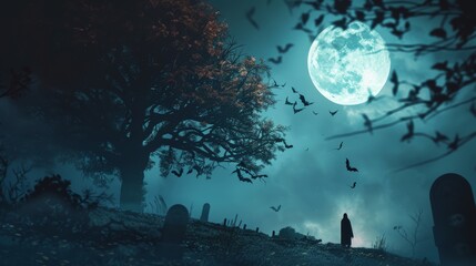 Misty Graveyard with Full Moon and Bats