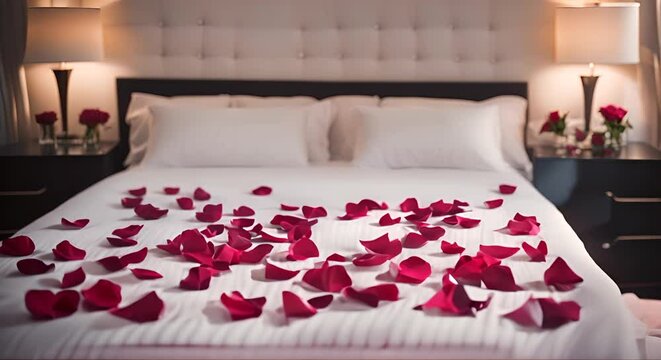 The honeymoon bed was decorated with red rose petals on the sheets