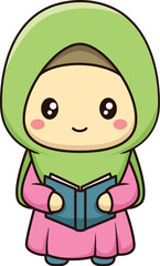 Muslim girl cartoon illustration holding a book