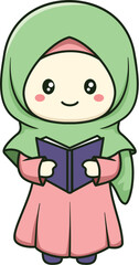 Muslim girl cartoon illustration holding a book