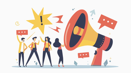 People announce advertising with megaphone vector illustration. Awareness focus loud speaker man and woman. Business banner marketing group media. Speech news promotion network leadership poster