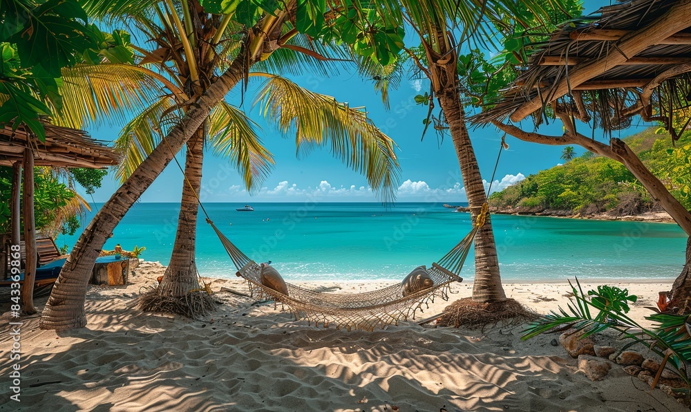 Canvas Prints A Pair of Hammocks with Soft Pillows Hanging Between Two Palm Trees on a Serene Beach with Turquoise