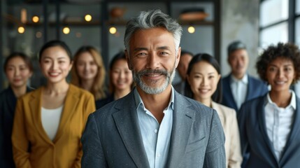 Obraz premium A mature man with a gray beard smiles confidently, surrounded by a group of diverse colleagues in a modern office setting
