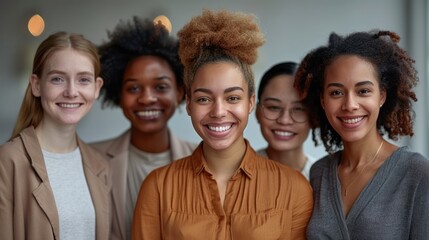 Fototapeta premium Five diverse women stand close together, smiling and looking at the camera