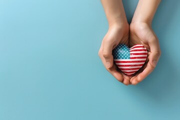 Close-Up of hands holding a heart shaped American flag symbol, patriotic USA independence day love national pride fourth July celebration labor memorial care support concept - Powered by Adobe