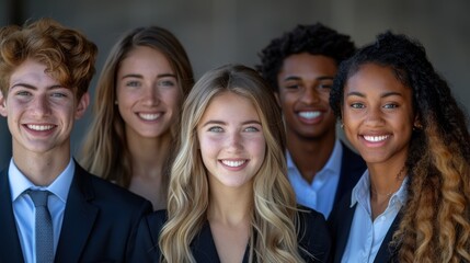 Fototapeta premium Five students in suits stand together, smiling for a photo