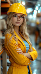 A woman in a yellow jacket and glasses stands in a warehouse. She is wearing a hard hat and has her arms crossed