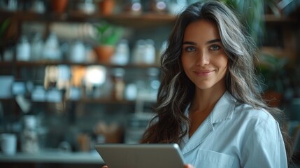 A woman smiles gently as she uses a tablet in a cozy cafe setting