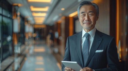 Fototapeta premium A businessman in a suit stands in a modern office hallway, holding a tablet and smiling confidently