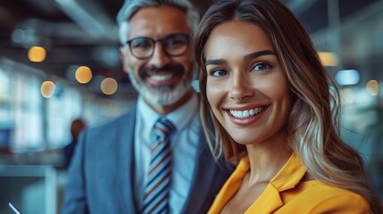 A man and woman in professional attire smile confidently in a modern office setting