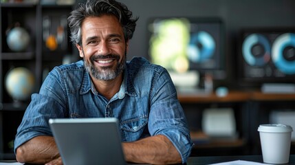 Fototapeta premium A smiling man in a blue shirt works at his desk with a laptop