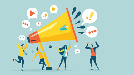 People announce advertising with megaphone vector illustration. Awareness focus loud speaker man and woman. Business banner marketing group media. Speech news promotion network leadership poster
