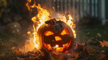 Naklejka premium Jack-O'-Lantern Burning in a Fire