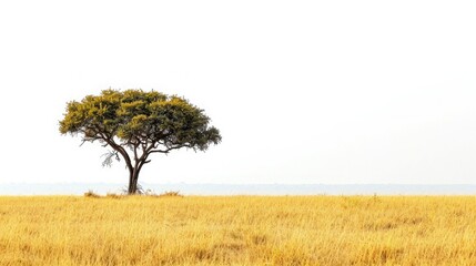 Obraz premium Lone acacia tree in the vast African savannah under a clear sky, perfectly capturing the essence of solitude and nature's beauty.