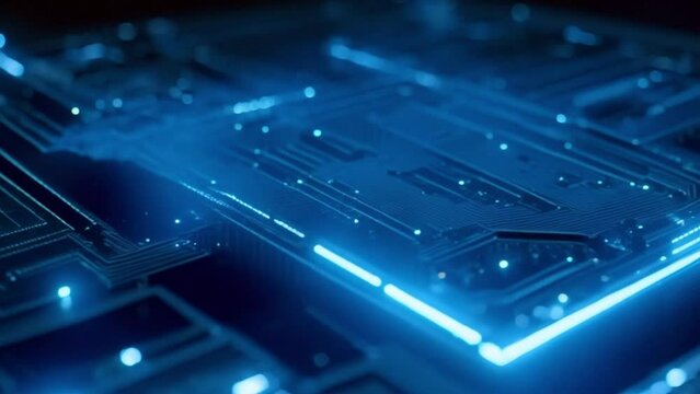 the circuit board is illuminated in blue footage