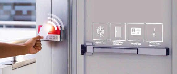 Hand scanning proximity ID card on reader access control system for door unlock with security icons for identity or verification identify for safety detect fingerprint scan or check attendance.