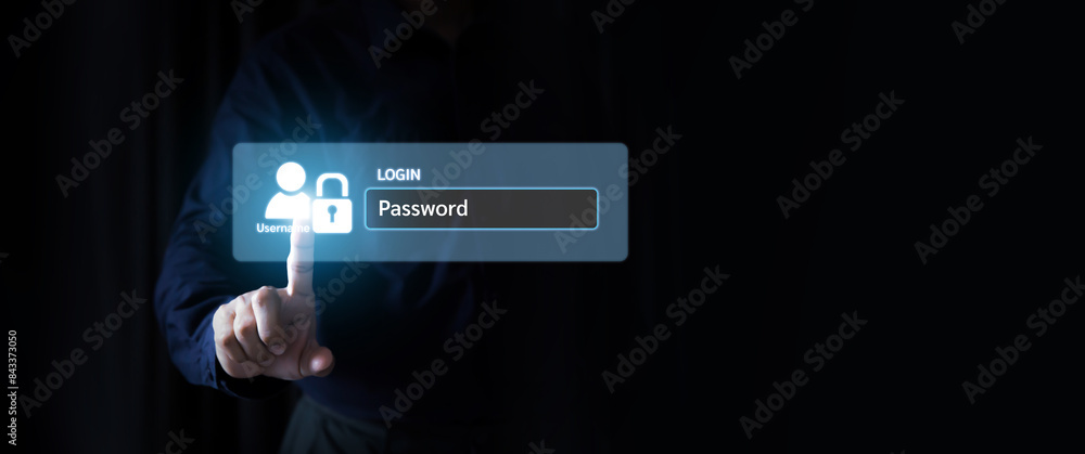 Poster businessman and screen login username and password identity or sign up register of cyber security in