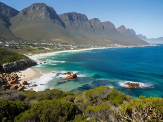 Obraz premium Unique landscapes of False Bay, from the rugged cliffs to the crystal clear waters, generated by Ai