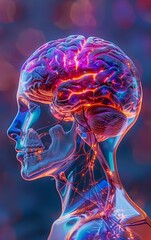 Digital illustration of human brain anatomy with glowing neural connections, showcasing the complexities of neuroscience and mental processes.