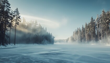 Fototapeta premium In winter, the sky is blue and white, with dense trees on both sides of an endless frozen lake in front