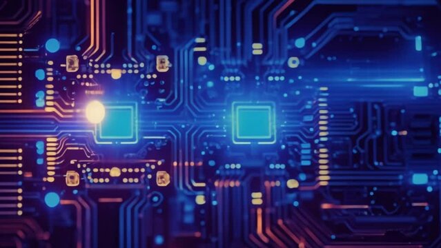 blue printed circuit board (PCB) with various electronic components such as integrated circuits (chips), resistors and footage conductive paths