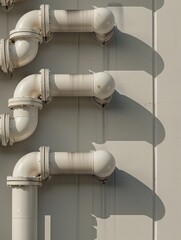 Close-up of industrial pipes on a wall casting shadows, showcasing structural design and light interaction.
